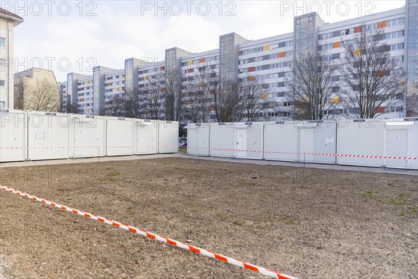 Press event in front of the commissioning of the housing containers for refugees at Sachsenplatz, Johannstadt for 72 people, Dresden, Saxony, Germany, Europe