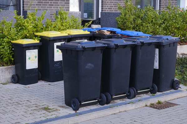 Waste bins for recyclables, paper and residual waste in front of a house, Dortmund, Ruhr area, Westphalia, North Rhine-Westphalia, Germany, Europe