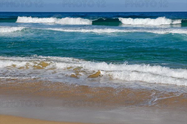 Fuerteventura beach on west coast of Jandia peninsula in front of abandoned village of Cofete with big waves dangerous surf creating strong undercurrent, in the background Atlantic Ocean, Cofete, Jandia, Fuerteventura, Canary Islands, Canary Islands, Spain, Europe