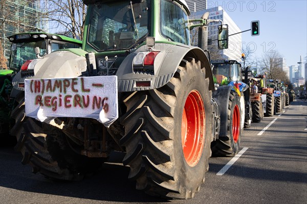 Around 600 farmers drove to the festival hall in Frankfurt am Main on 11 January 2024 as part of the rally organised by the Wetterau-Frankfurt Regional Farmers' Association to protest against the agricultural policy of the so-called traffic light government, in particular the cancellation of subsidies, festival hall, Frankfurt am Main, Hesse, Germany, Europe