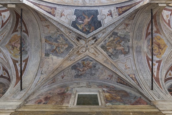 Vaults with frescoes under the arcades in the inner courtyard of Palazzo Doria Spinola, former 16th century manor house, today prefecture, Genoa, Italy, Europe