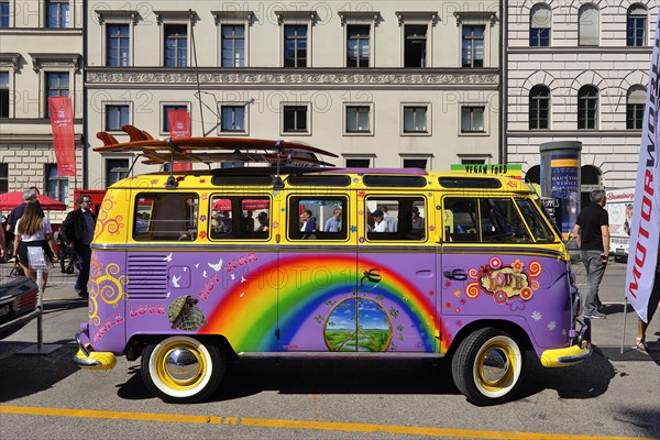 VW Transporter T1, side view, with surfboards and painting from the hippie era, Munich, Bavaria, Germany, Europe