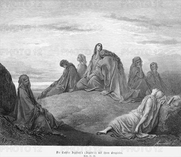 The daughter of Jephta with her playmates, Book of Judges, chapter 11, group of woman, lying, exhausted, mourning, sacrifice, father, Bible, Old Testament, historical illustration from 1886