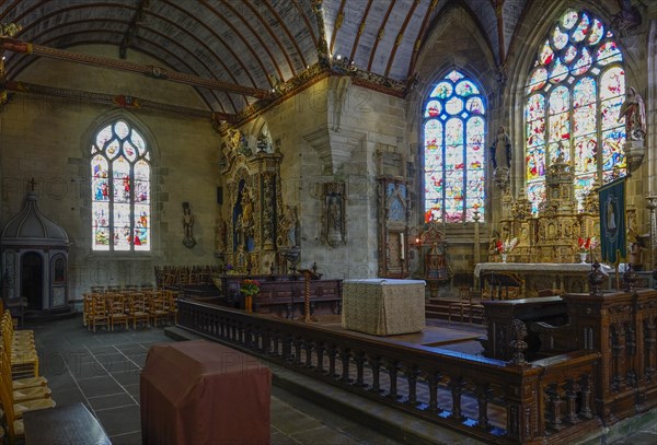 Altar, choir and transept of the Saint Germain church, Enclos Paroissial de Pleyben enclosed parish from the 15th to 17th century, Finistere department, Brittany region, France, Europe