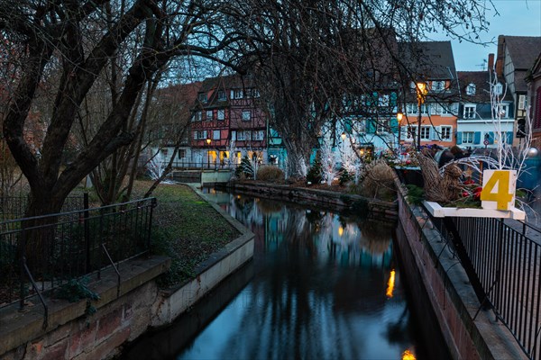 Little Venice, Petite Venise, Christmas decorations, Christmas market, historic houses, historic town, Blue Hour, The Fishermen's Market, Colmar, Alsace, France, Europe