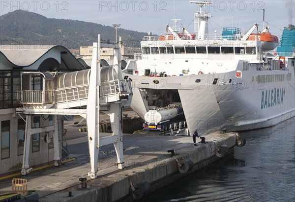 Truck boarding Balearia vehicle ferry at Ceuta, Spanish territory in north Africa, Spain, Europe