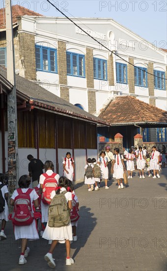 School girls in uniform walking in a street in the historic town of Galle, Sri Lanka, Asia