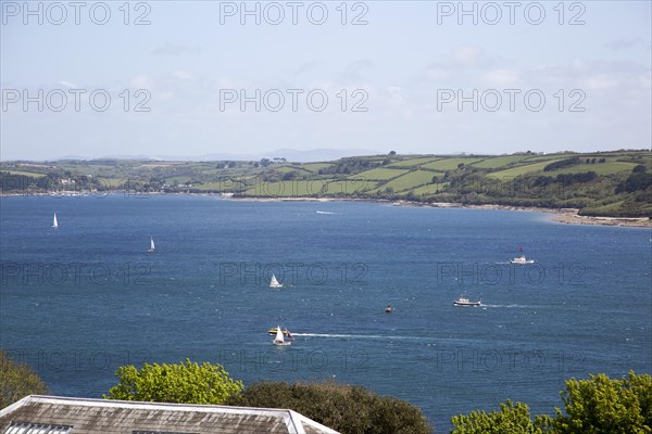 Sailing boats in River Fal estuary from Pendennis castle, Falmouth, Cornwall, England, UK