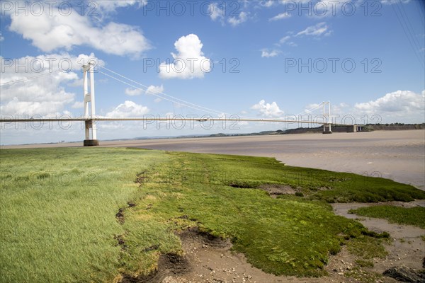 The old 1960s Severn bridge crossing between Beachley and Aust, Gloucestershire, England, UK looking east