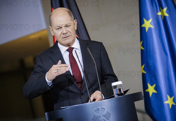 Federal Chancellor Olaf Scholz (SPD) and Luc Frieden, Prime Minister of the Grand Duchy of Luxembourg, give a press conference after talks at the Federal Chancellery in Berlin, 8 January 2024