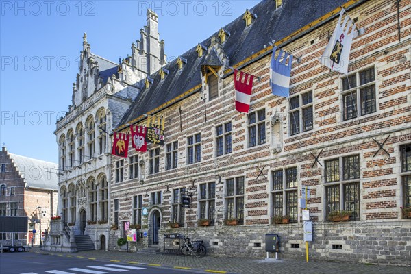 13th century Vleeshuis, Butchers' Hall and 16th century Gothic town hall of the city Zoutleeuw, province of Flemish Brabant, Flanders, Belgium, Europe