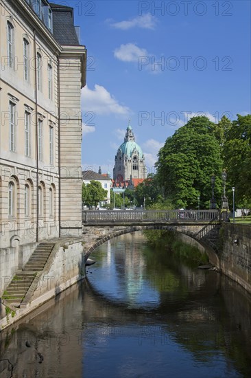 The state parliament in the former Leineschloss castle and the New City Hall, Neues Rathaus in Hannover, Lower Saxony, Germany, Europe