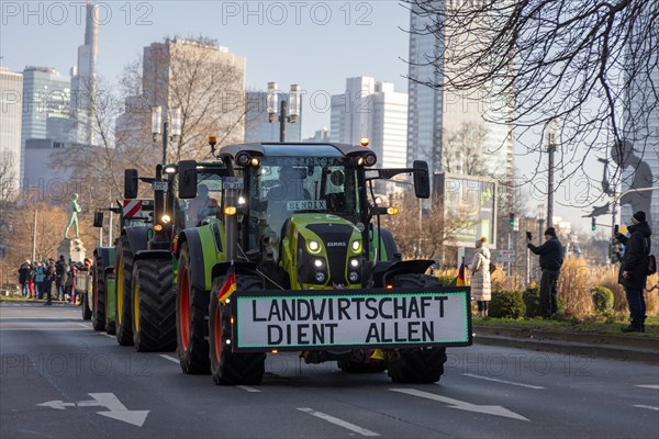 Around 600 farmers drove to the festival hall in Frankfurt am Main on 11 January 2024 as part of the rally organised by the Wetterau-Frankfurt Regional Farmers' Association to protest against the agricultural policy of the so-called traffic light government, in particular the cancellation of subsidies, festival hall, Frankfurt am Main, Hesse, Germany, Europe