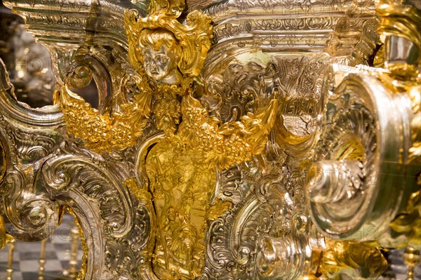 Close up of elaborately metalwork in gold inside the Catholic cathedral, former great mosque, Cordoba, Spain, Europe
