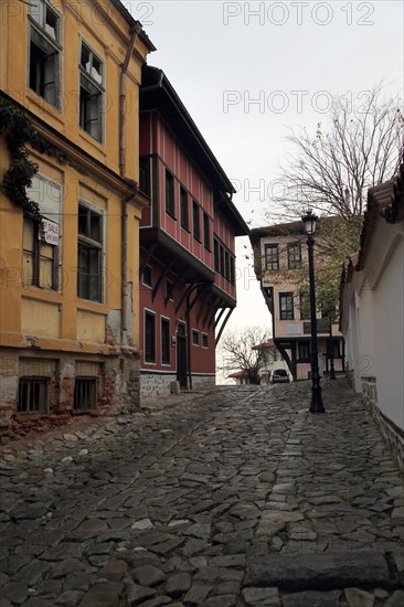 Historic buildings with overhanging upper storeys in historic old town area of Plovdiv, Bulgaria, Europe