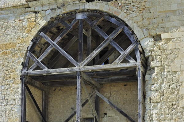 Wooden construction to support arch in medieval castle Chateau de Lavardens in the Midi-Pyrenees, Pyrenees, France, Europe