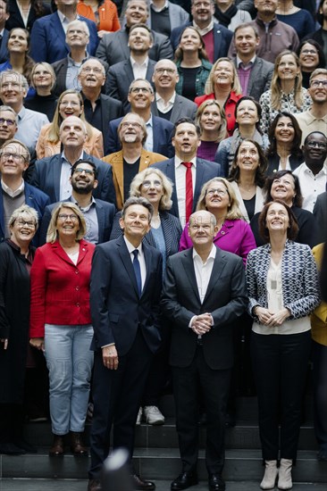 SPD parliamentary group in the Bundestag as part of a group photo in the Paul Loebe House. In the front row from (L-R) Rolf Muetzenich, Chairman of the SPD parliamentary group, Olaf Scholz, Federal Chancellor, Katarina Barley, Member of the European Parliament, Berlin, 12 January 2024