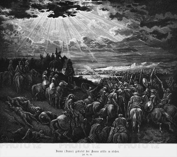 Joshua commands the sun to stand still, Book of Joshua, chapter 10, armies, warriors, horsemen, horses, weapons, spears, bow and arrow, armour, shield, battle, landscape, plain, sunbeams, light, cloudy sky, Bible, Old Testament, historical illustration from 1886