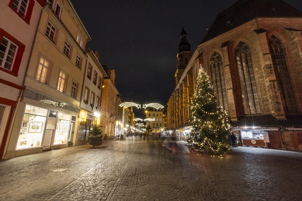 Christmas lights in the main street, Heiliggeistkirche, market square, Heidelberg, Baden-Wuerttemberg, Germany, Europe