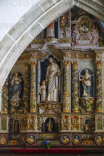 Baroque-style right side altar, Enclos Paroissial parish of Guimiliau, Finistere Penn ar Bed department, Brittany Breizh region, France, Europe