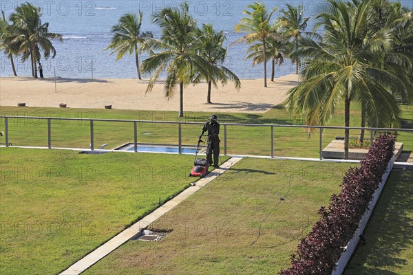 Amaya Beach Resort and Spa hotel, Pasikudah Bay, Eastern Province, Sri Lanka, Asia staff tending sedum grass roof garden, Asia