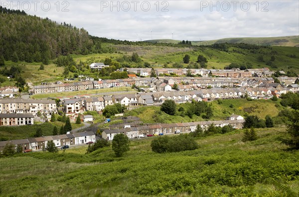 Linear pattern of terraced houses in Cwmparc, Treorchy, Rhonnda valley, South Wales, UK