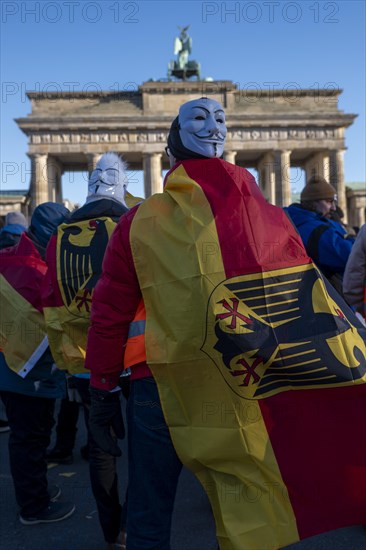 Germany, Berlin, 08.01.2024, Protest by farmers in front of the Brandenburg Gate, German flag, eagle, nationwide protest week against the policies of the traffic light government and cuts for farms, Europe