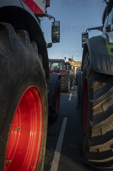 Germany, Berlin, 08.01.2024, Protest by farmers in front of the Brandenburg Gate, nationwide protest week against the policies of the traffic light government and cuts for farms, Europe