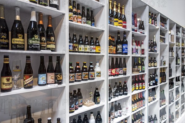 Collection of Belgian beers in the Hop Museum at Poperinge, West Flanders, Belgium, Europe
