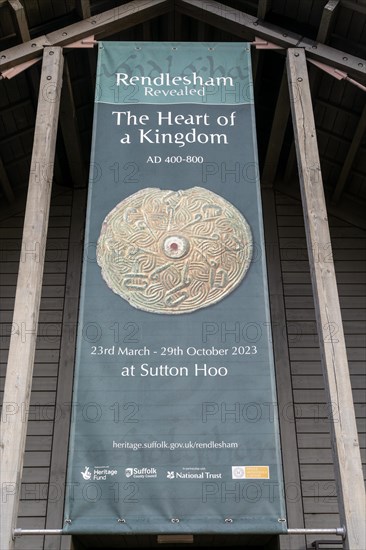 Advertising banner for Rendlesham Revealed archaeological exhibition, Sutton Hoo, Suffolk, England, UK 2023