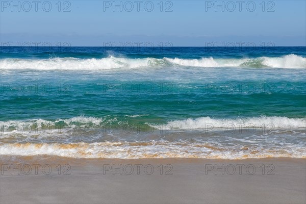 Fuerteventura beach on west coast of Jandia peninsula in front of abandoned village of Cofete with big waves dangerous surf creating strong undercurrent, in the background Atlantic Ocean, Cofete, Jandia, Fuerteventura, Canary Islands, Canary Islands, Spain, Europe