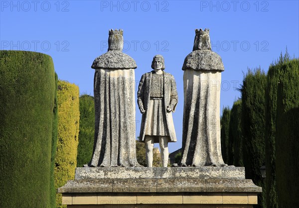 Columbus, King Ferdando and Queen Isabel statues in garden of Alcazar, Cordoba, Spain, Alcazar de los Reyes Cristianos, Europe