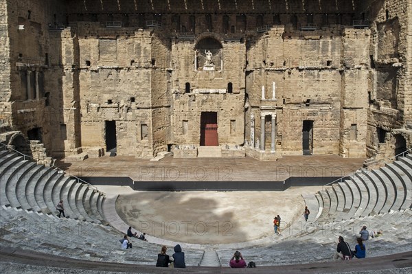 Auditorium and scaenae frons of the Roman Theatre antique d'Orange, Ancient Theater of Orange, Provence-Alpes-Cote d'Azur, Vaucluse, France, Europe