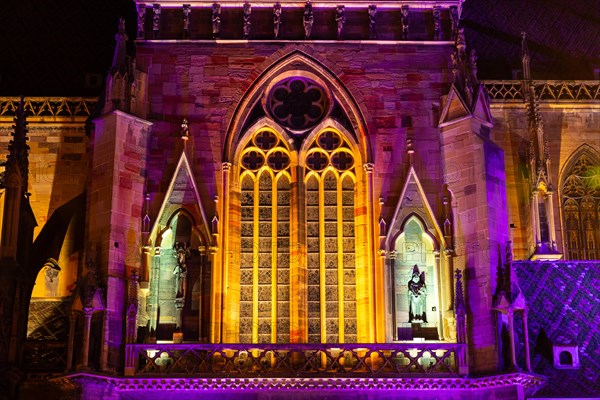 Illuminated detail of a Gothic church, Collegiale Sant Martin de Colmar, Colmar, Alsace, France, Europe