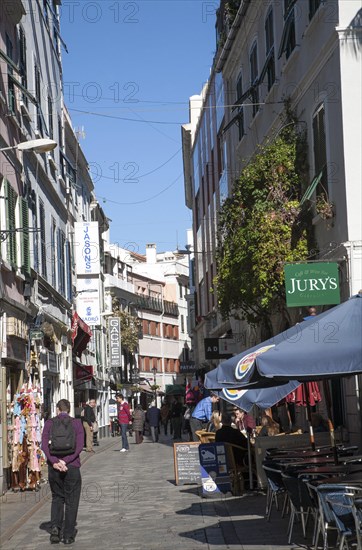 Shops and cafes in Main Street, Gibraltar, British terroritory in southern Europe, Europe