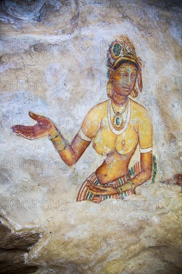 Rock painting frescoes of maidens in the palace fortress, Sigiriya, Central Province, Sri Lanka, Asia