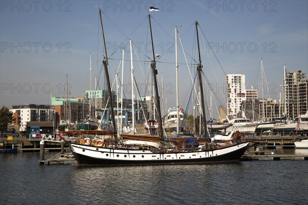 Historic sailing boat in the Wet Dock, Ipswich, Suffolk, England, United Kingdom, Europe