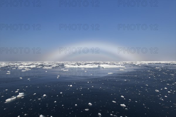 Fogbow, fog bow, white rainbow, sea-dog over the Arctic Sea at Svalbard, Norway, Europe