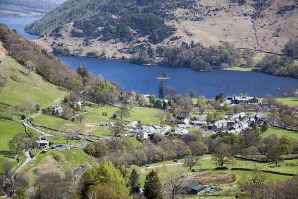 View of Ullswater lake and Glenridding village, Lake District, Cumbria, England, UK