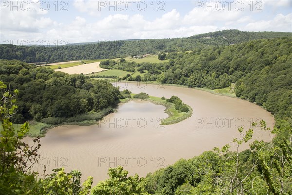View north towards Lancaut over incised meander, gorge and river spit, River Wye, near Chepstow, Monmouthshire, Wales, UK