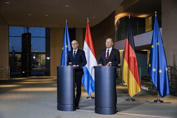 Federal Chancellor Olaf Scholz (SPD) and Luc Frieden, Prime Minister of the Grand Duchy of Luxembourg, give a press conference after talks at the Federal Chancellery in Berlin, 8 January 2024