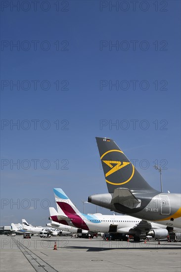 Overview Condor, Eurowings, Iberia, Finnair, KLM and Air Lingus aircraft at handling position at Terminal 1 with control tower, Munich Airport, Upper Bavaria, Bavaria, Germany, Europe