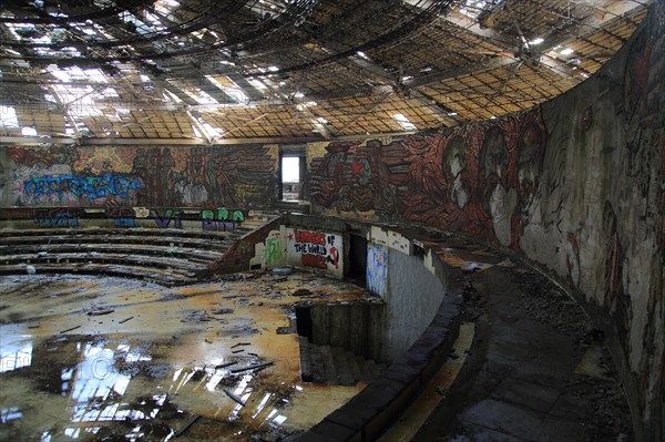 Ruined vandalised interior of Buzludzha monument former communist party headquarters, Bulgaria, eastern Europe, Europe