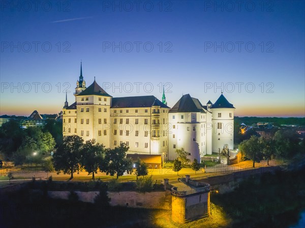 Hartenfels Castle from above, at dusk, Torgau, Saxony, Germany, Europe