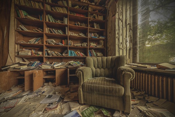 An abandoned room with an overfilled bookshelf and an old armchair, urologist's villa Dr Anna L., Lost Place, Bad Wildungen, Hesse, Germany, Europe