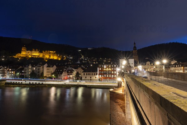 Old bridge and castle at the blue hour, Heidelberg, Baden-Wuerttemberg, Germany, Europe