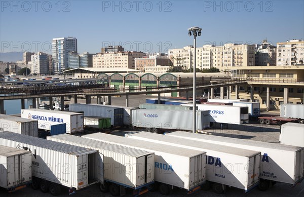 Vehicle containers on the quayside in the port of Malaga, Spain, Europe