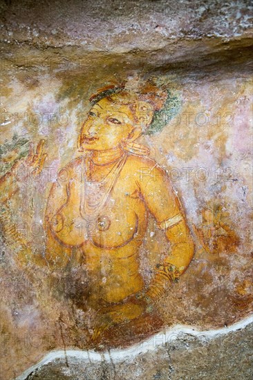 Rock painting frescoes of maidens in the palace fortress, Sigiriya, Central Province, Sri Lanka, Asia