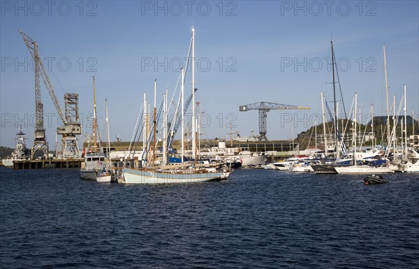 Yachts at moorings in the port, Falmouth, Cornwall, England, UK