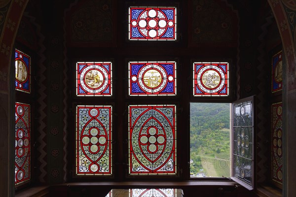 Former Imperial Castle, Stained-glass windows, Cochem, Rhineland Palatinate, Germany, Europe